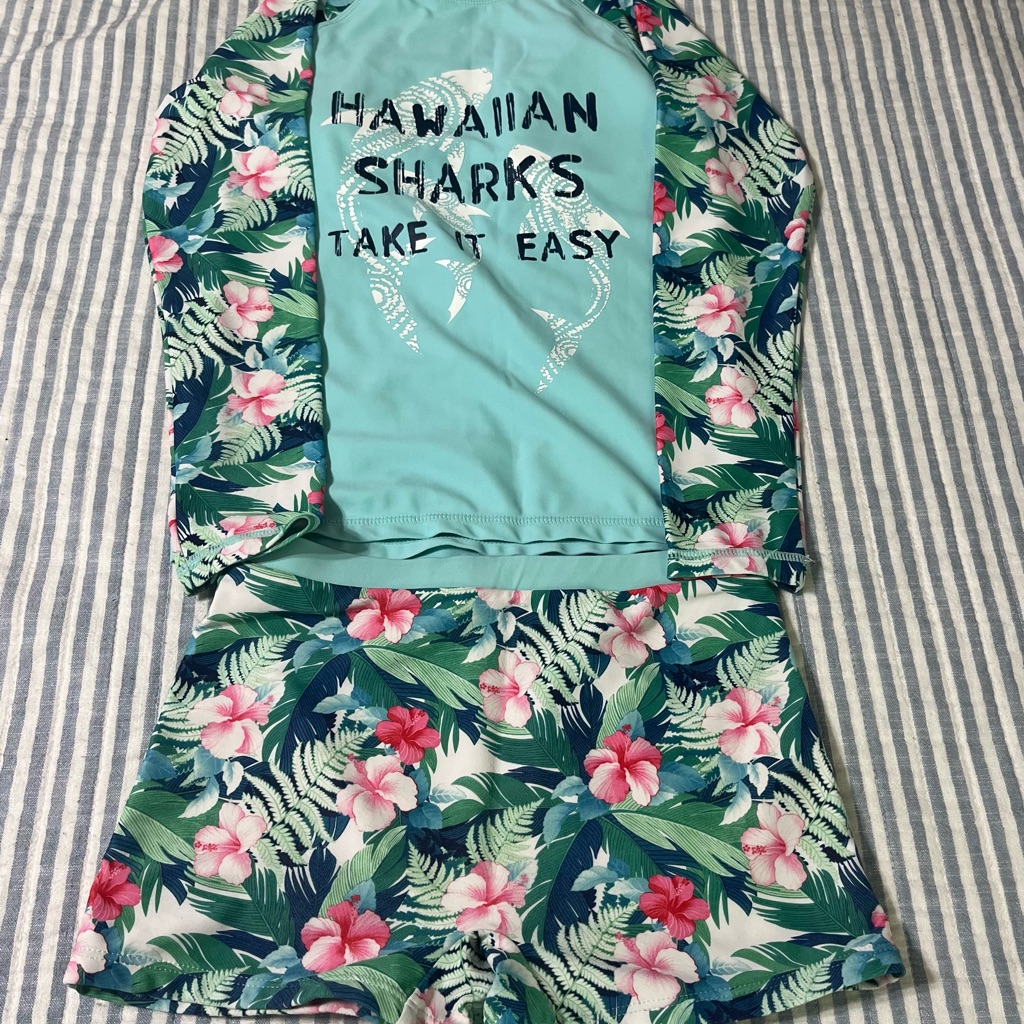 Kids Size 12 Swim Set - Green And Pink Floral Excellent Condition!
